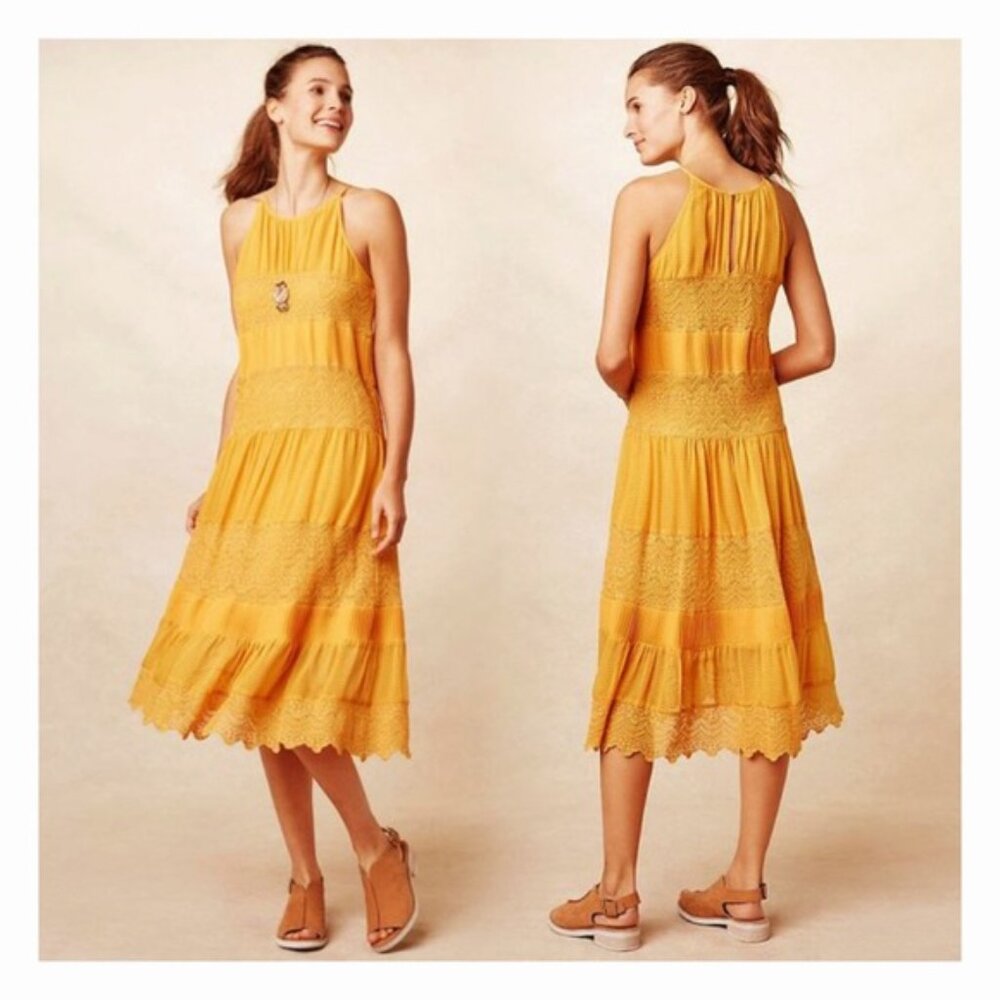 Anthropologie HD In Paris Villanelle Marigold Lace Midi Dress size S